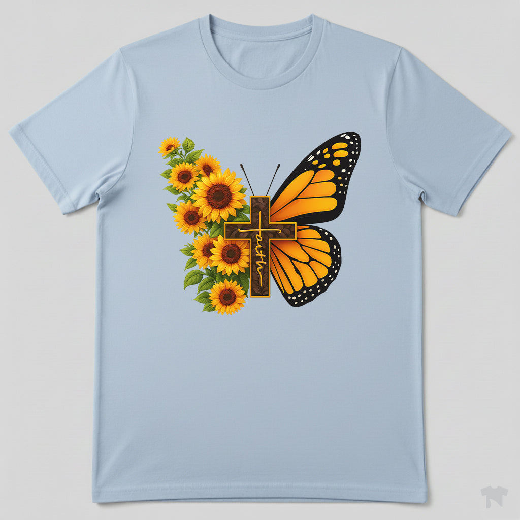 Faith Sunflower Butterfly Cross Christian T-Shirt