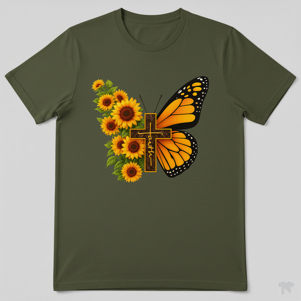 Faith Sunflower Butterfly Cross Christian T-Shirt