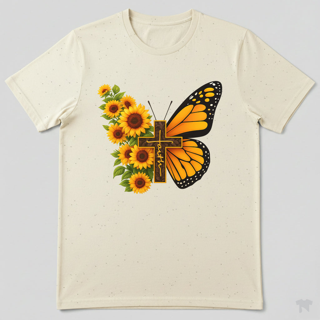 Faith Sunflower Butterfly Cross Christian T-Shirt