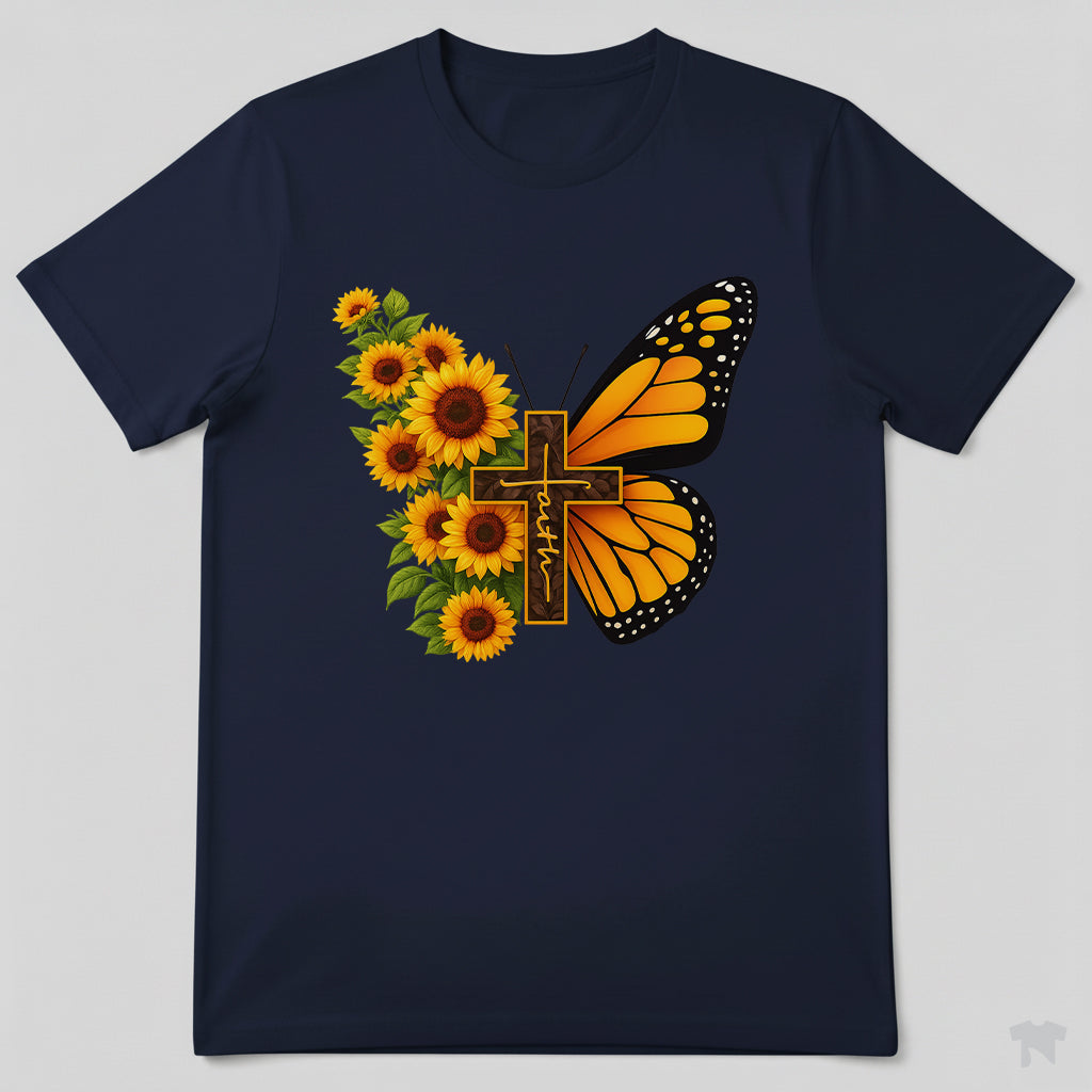 Faith Sunflower Butterfly Cross Christian T-Shirt