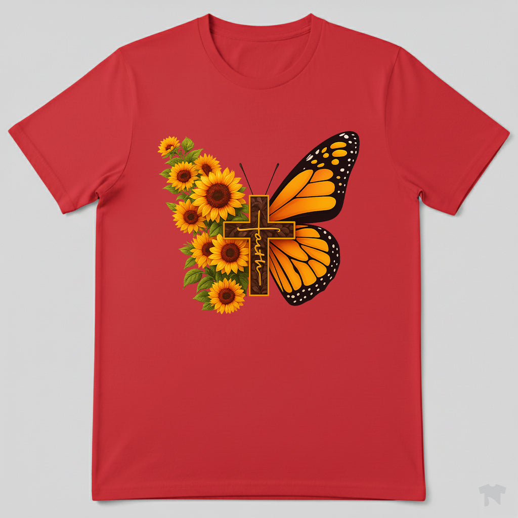 Faith Sunflower Butterfly Cross Christian T-Shirt