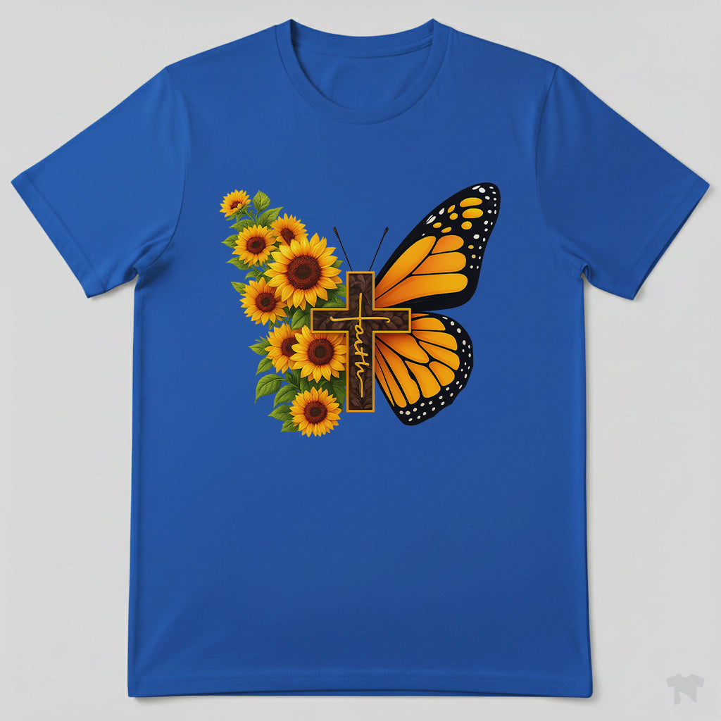 Faith Sunflower Butterfly Cross Christian T-Shirt