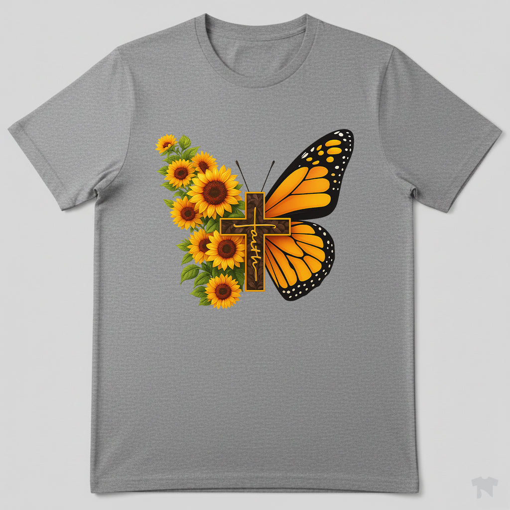 Faith Sunflower Butterfly Cross Christian T-Shirt