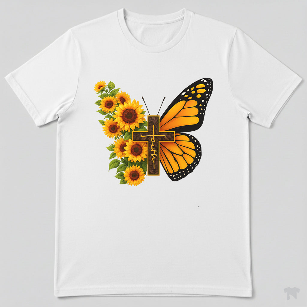 Faith Sunflower Butterfly Cross Christian T-Shirt