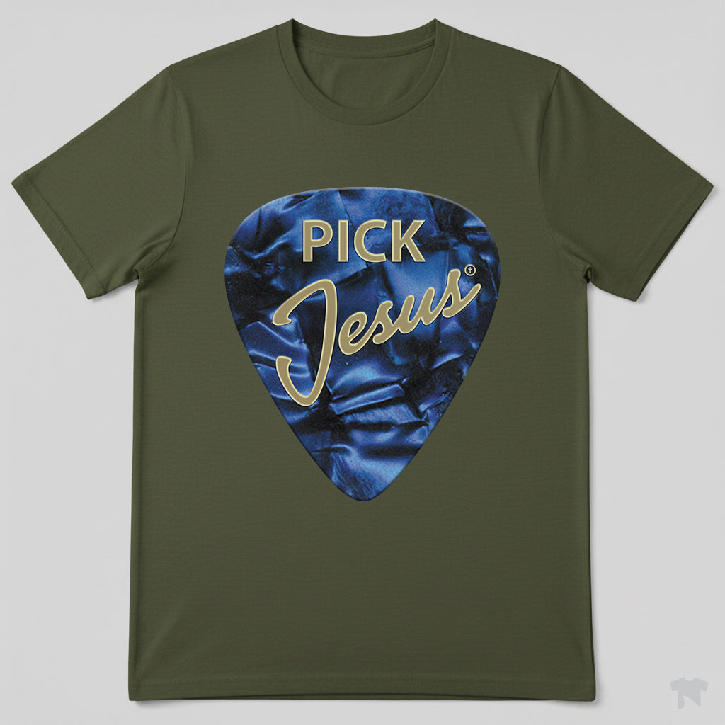 Pick Jesus Blue Guitar Pick Christian Musician T-Shirt