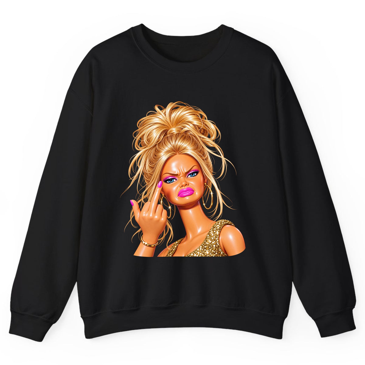 Glam Girl Giving the Finger Crewneck Sweatshirt - Black