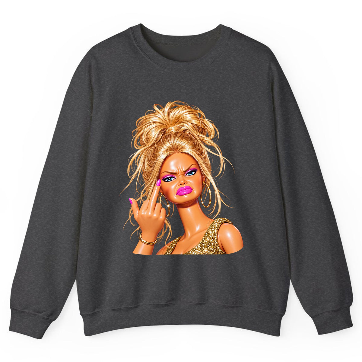 Glam Girl Giving the Finger Crewneck Sweatshirt - Dark Heather