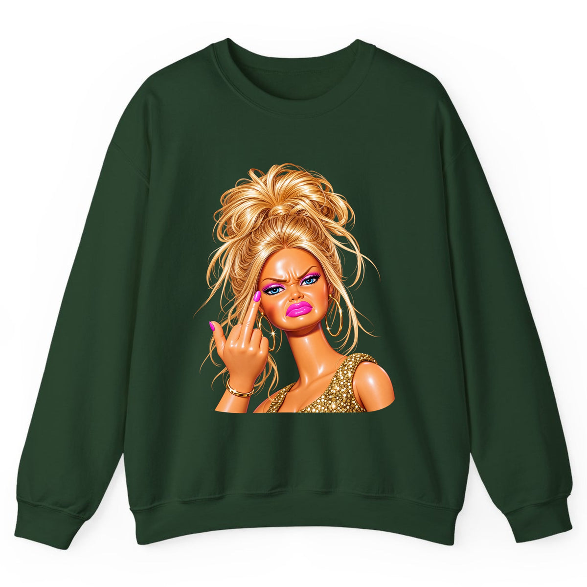 Glam Girl Giving the Finger Crewneck Sweatshirt - Forest Green