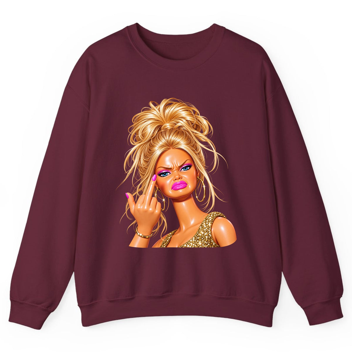 Glam Girl Giving the Finger Crewneck Sweatshirt - Maroon