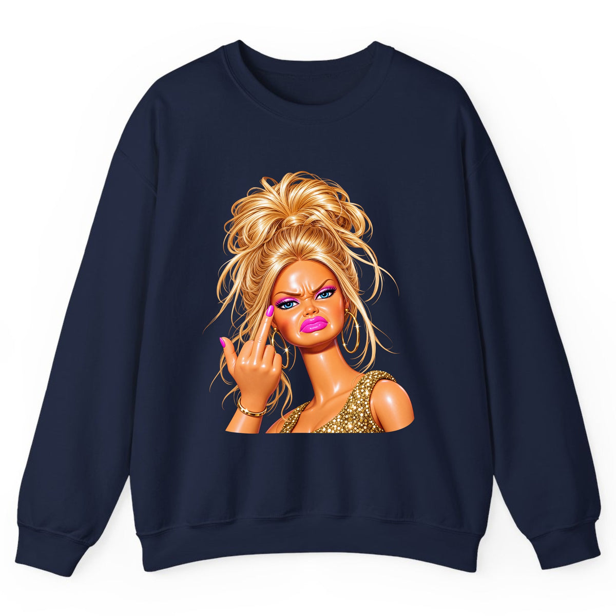 Glam Girl Giving the Finger Crewneck Sweatshirt - Navy