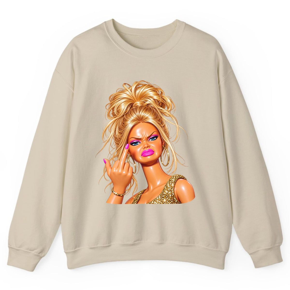 Glam Girl Giving the Finger Crewneck Sweatshirt - Sand