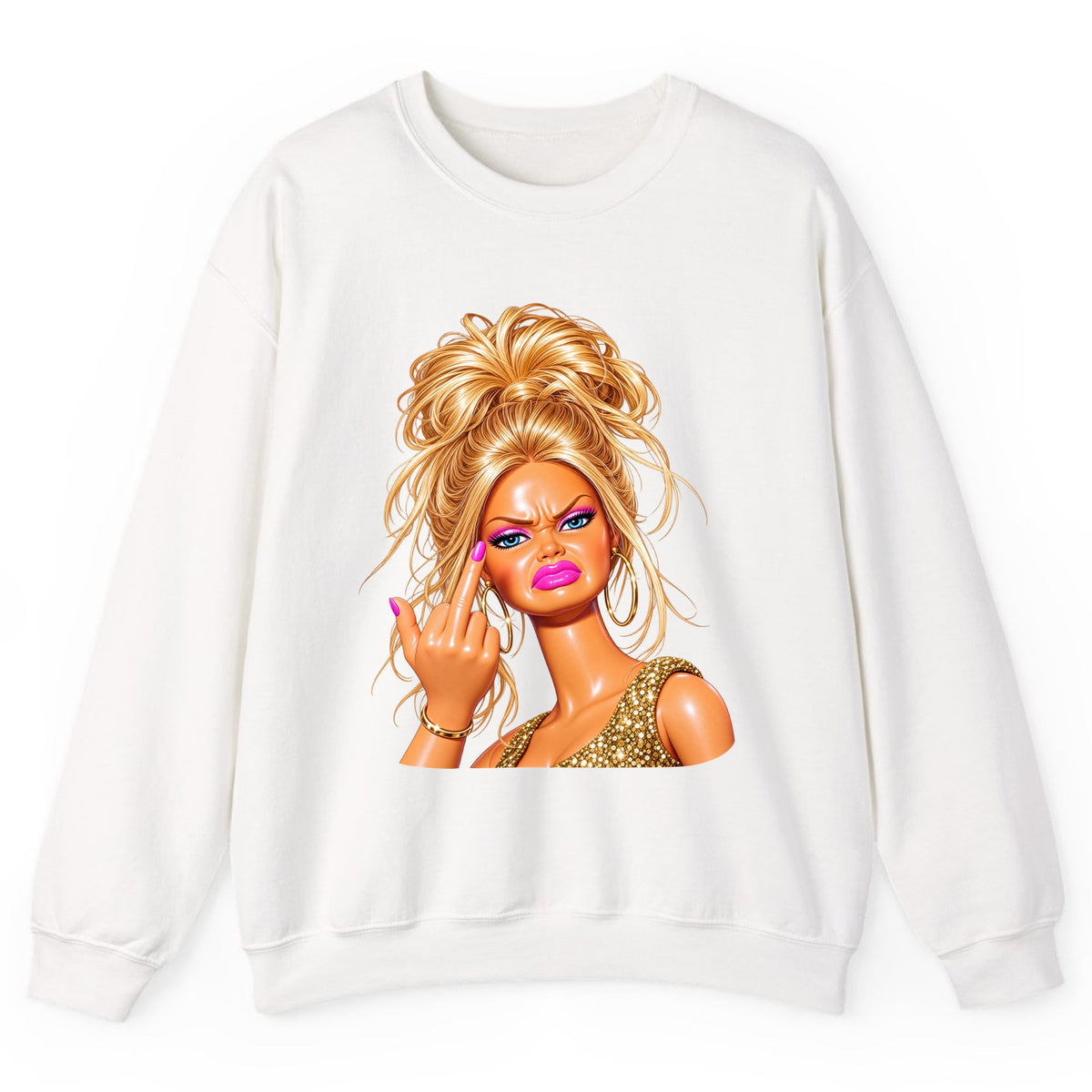 Glam Girl Giving the Finger Crewneck Sweatshirt - White