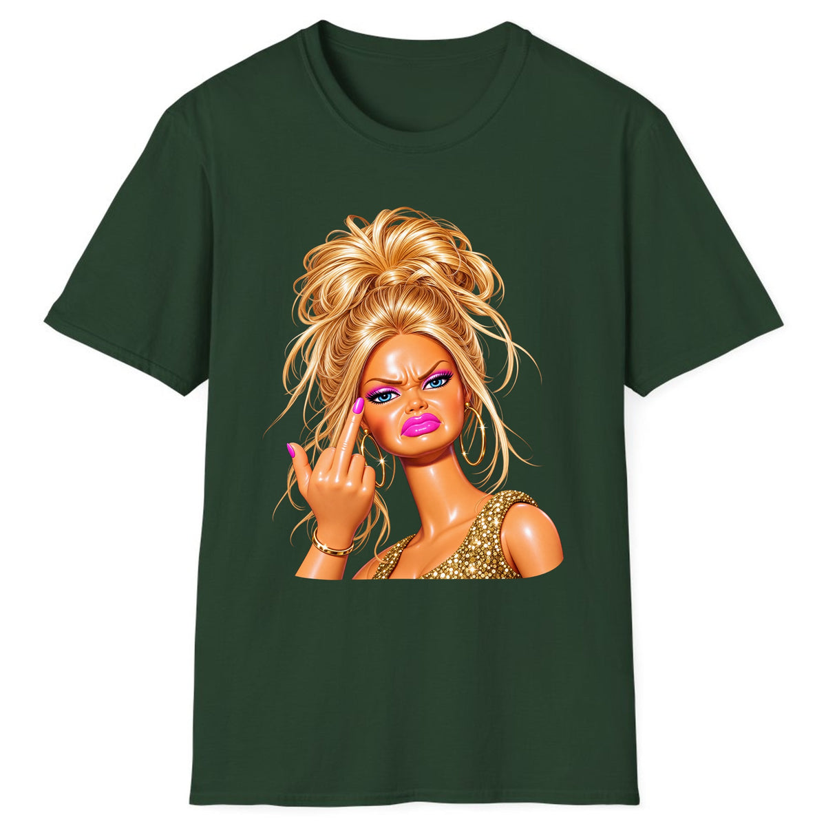 Glam Girl Giving the Finger Classic Tee - Forest Green