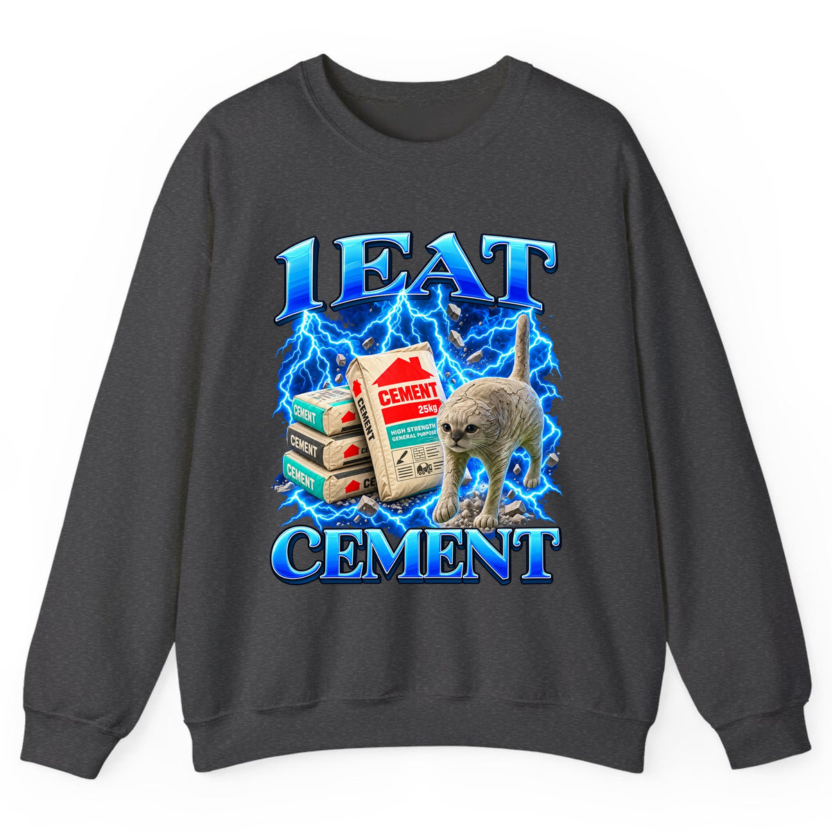 I Eat Cement Cat Meme Crewneck Sweatshirt - Dark Heather