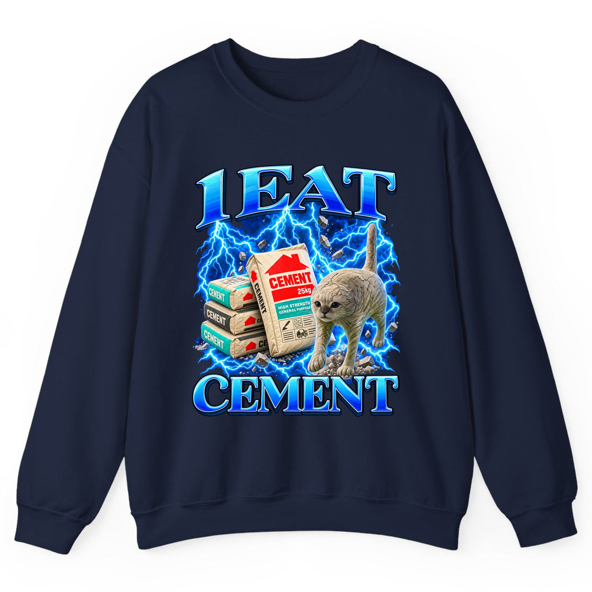 I Eat Cement Cat Meme Crewneck Sweatshirt - Navy