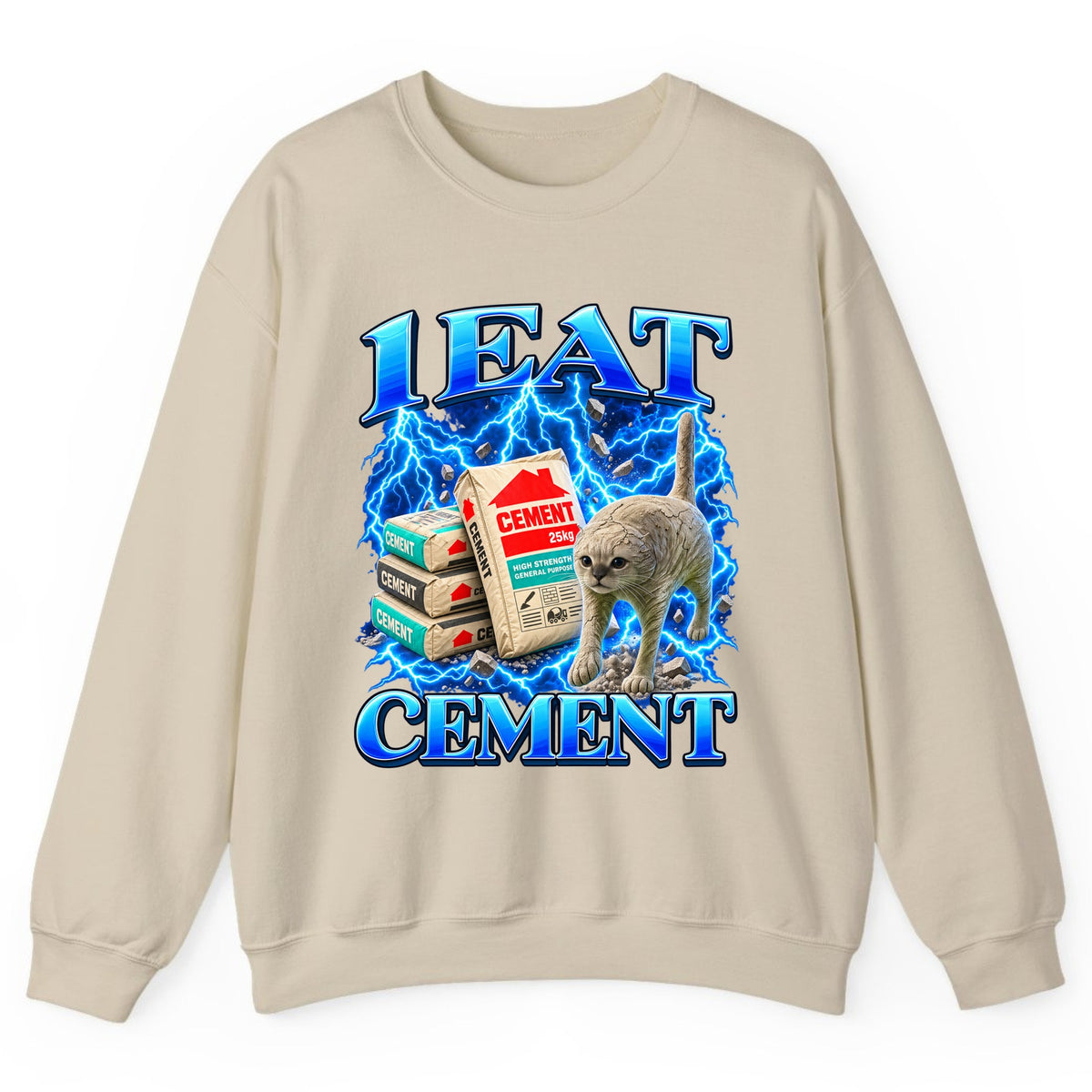 I Eat Cement Cat Meme Crewneck Sweatshirt - Sand