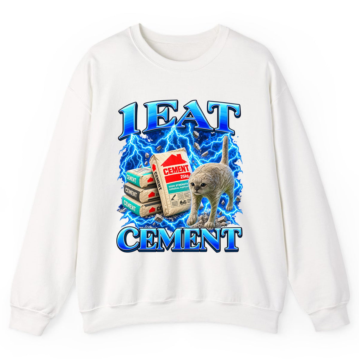 I Eat Cement Cat Meme Crewneck Sweatshirt - White